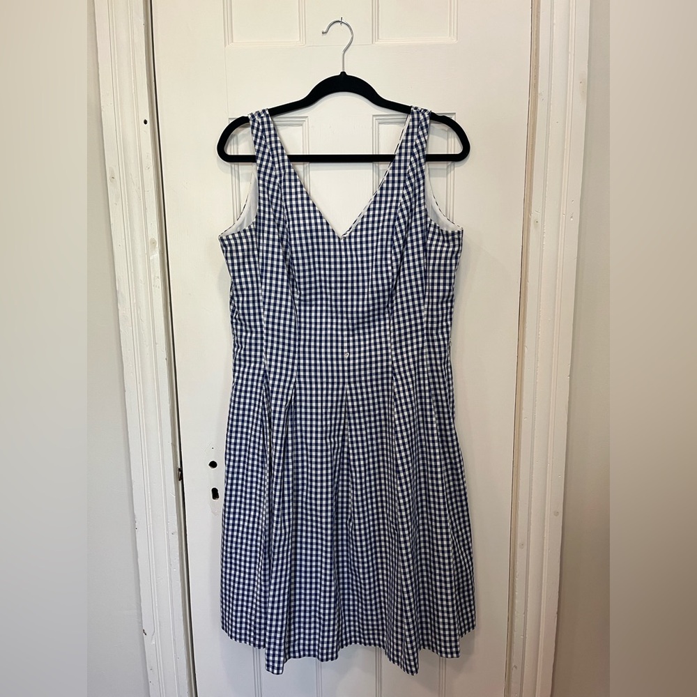 Nine West Sz 12 100% Cotton Blue and White Gingham V‑Neck Pleated Dress